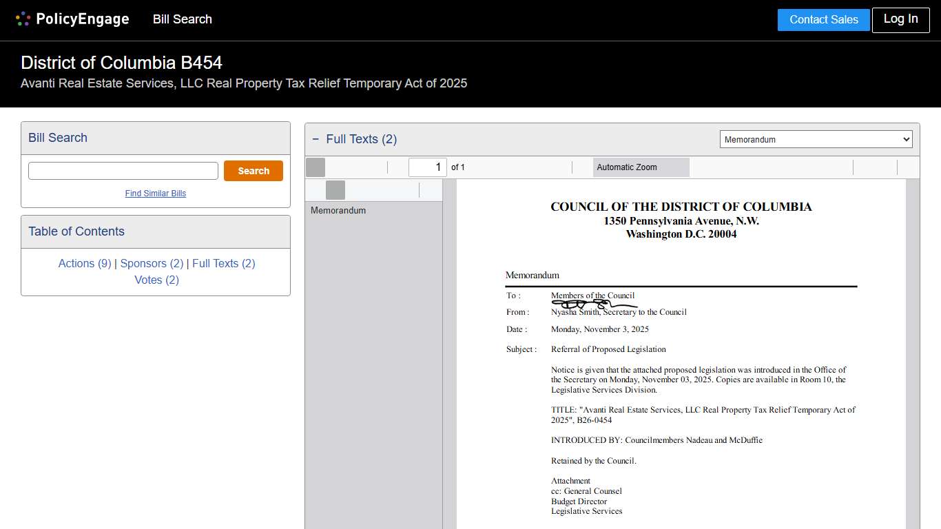 B454 District of Columbia 2025-2026 Avanti Real Estate Services, LLC Real Property Tax Relief Temporary Act of 2025 - Legislative Tracking PolicyEngage